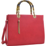 Bamboo Handle Smooth Faux Leather Medium Tote