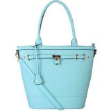 Multicolor Faux Leather Saffiano Front Lock Decor Large Quilted Pattern Tote Bag