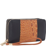 Faux Leather Croco Panel Double Zip Wallet