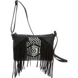 Fringe Cross Body with Woven Center Panel