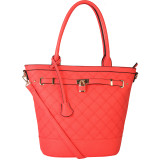 Multicolor Faux Leather Saffiano Front Lock Decor Large Quilted Pattern Tote Bag