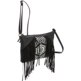 Fringe Cross Body with Woven Center Panel