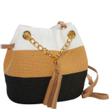 Paper Straw Color Block Mini Tassel Shoulder Bag