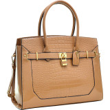 Large Patent Croco Embossed Faux Leather Padlock Satchel