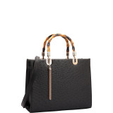 Ostrich Material Wooden Handle Leather Satchel with Tassel
