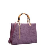 Ostrich Material Wooden Handle Leather Satchel with Tassel