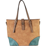 2-tone Faux Leather Large Tote Accented with Turn Lock Belt
