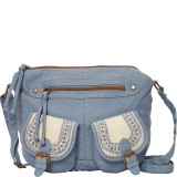 Washed Double Pocket Crossbody With Crochet And Embroidery