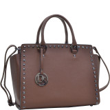 Saffiano Faux Leather Gunmetal Studded Satchel