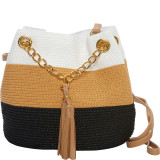 Paper Straw Color Block Mini Tassel Shoulder Bag