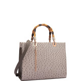 Ostrich Material Wooden Handle Leather Satchel with Tassel