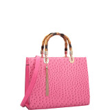 Ostrich Material Wooden Handle Leather Satchel with Tassel