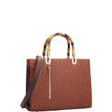 Ostrich Material Wooden Handle Leather Satchel with Tassel
