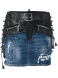 lace-up detail mixed denim skirt