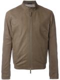 banded collar leather jacket