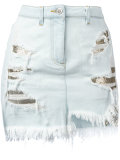 distressed mesh insert denim skirt