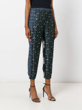 metallic floral print trousers