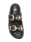 metallic buckled sandals