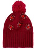 flower embellished pompom beanie