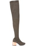 metallic heel thigh high boots