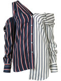 long-sleeve button-down top with open shoulders