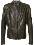 banded collar leather jacket