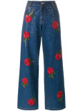 rose embroidered sequin jeans