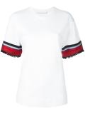 striped sleeves frayed trim blouse