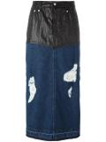 leather effect panel long denim skirt