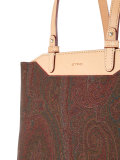 boxy, paisley print tote bag with tan handles