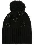 flower embellished pompom beanie