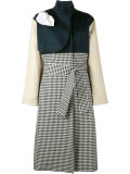 gingham and denim trench coat