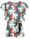rabbits print belted blouse