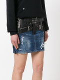 lace-up detail mixed denim skirt