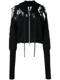 distressed detail crop length zip-up hoodie