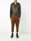 banded collar leather jacket