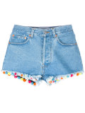 pom-pom trim denim shorts