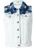 flower appliqué sleeveless denim jacket