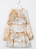 baroque print ruffle trim dress