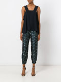metallic floral print trousers