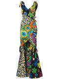mixed print fishtail gown