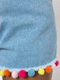 pompom denim shorts