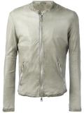 banded collar leather jacket