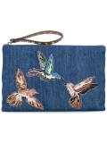 embroidered bird denim clutch