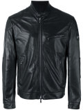banded collar leather jacket