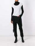 attached braces drop-crotch trousers