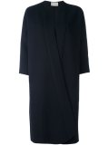 long overlapping collarless coat