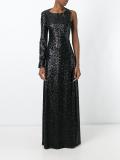 sequin embellished asymmetric sleeve gown