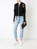 distressed detail crop length zip-up hoodie