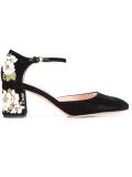 embroidered flower heel pumps